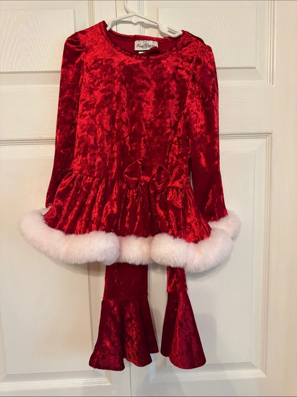 rare editions velvet holiday dress Red Peplum Set with White Faux-Fur Trim colorgrp-50736